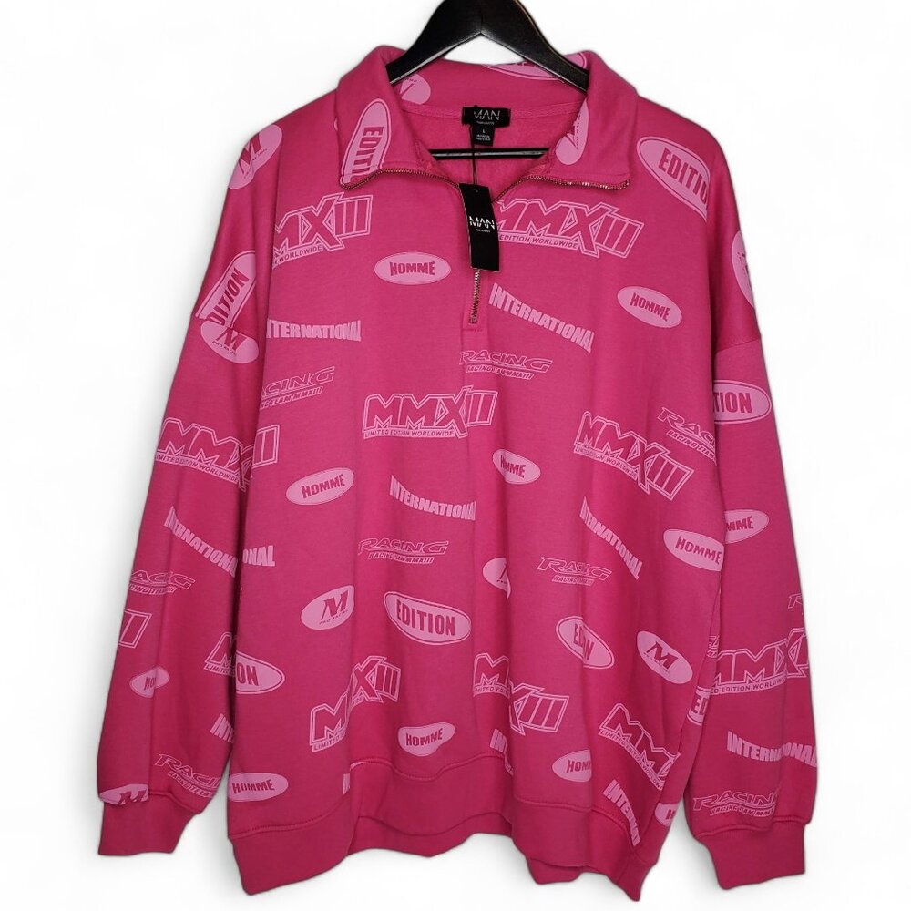 NWT BooHoo Man Pullover Sweater Oversized Allover Moto Puff Print Quarter Zip L